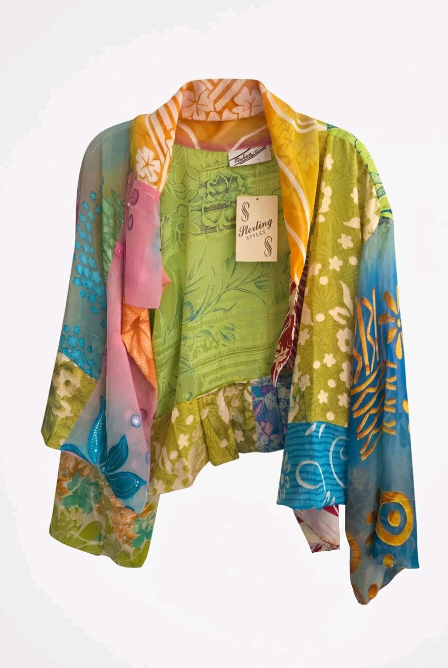 NWT Sterling Styles Artsilk Kimono Jacket Patchwork Boho Art to Wear One Size